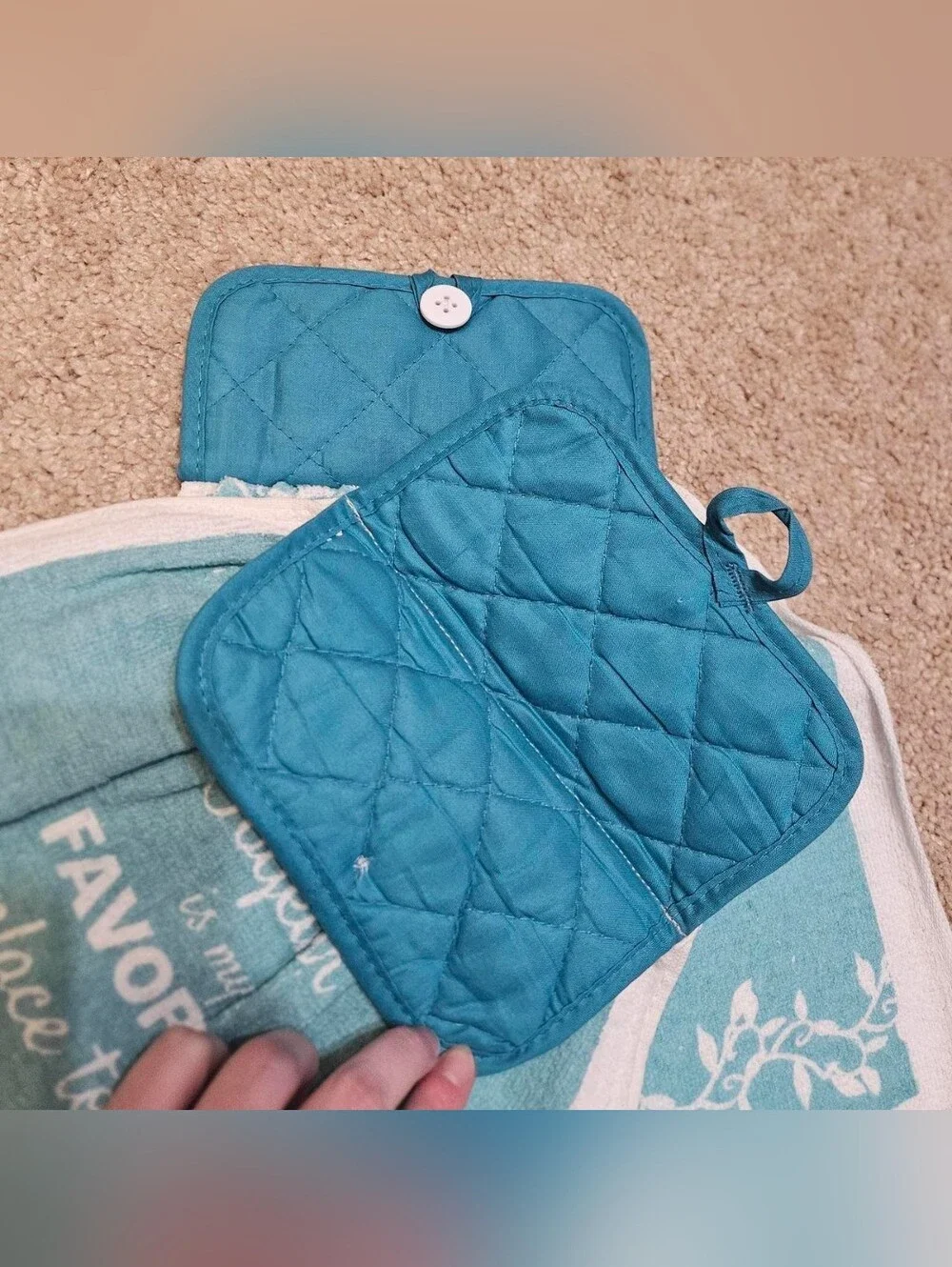 2 Handcrafted Potholders Attached To Towels | Blue + White | Together//Favorite